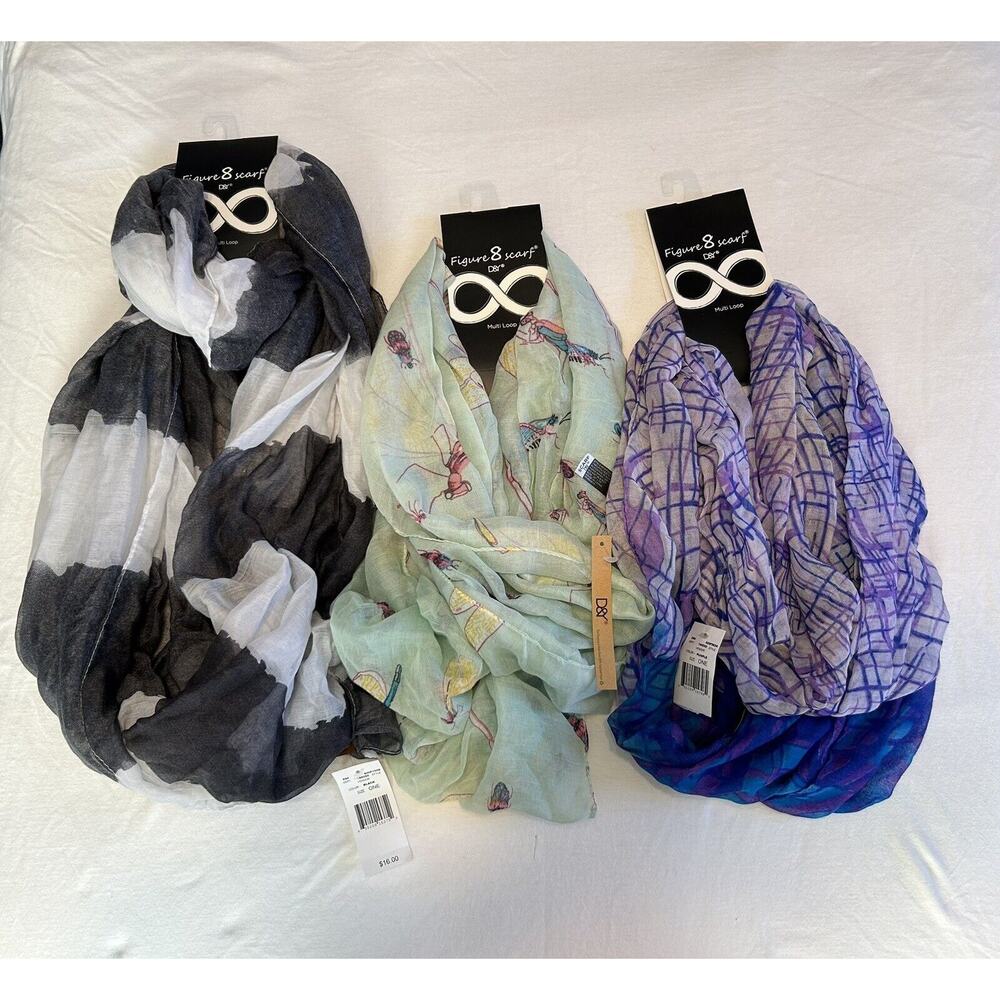 Figure 8 D&Y Multi Loop Infinity Scarf Lot Black Green Purple Print Fashion